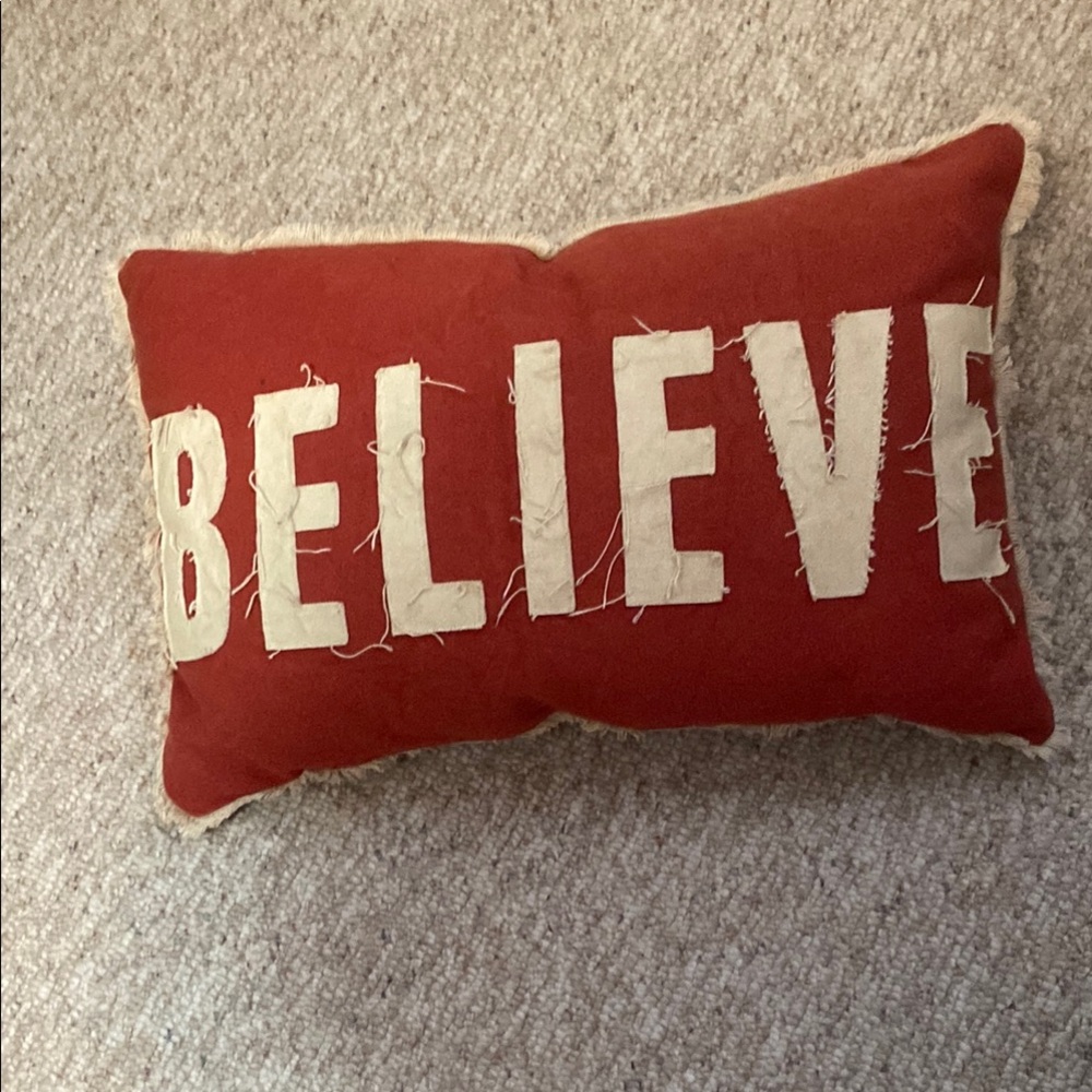 CLEAR OUT!! Price Reduced! Red 'Believe' Decorative Pillow